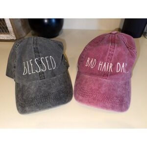 Rae Dunn Baseball Cap Bundle Blessed & Bad Hair Day Grey Pink Adjustable Hat 2pc